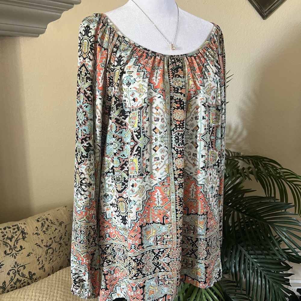 Karen Kane Multicolor Printed Peasant Blouse - Coral, Mint, Black - Picture 2 of 7